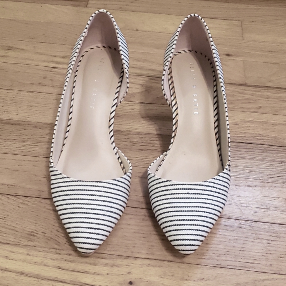 Kelly & Katie off white and navy blue striped heels. Size 7